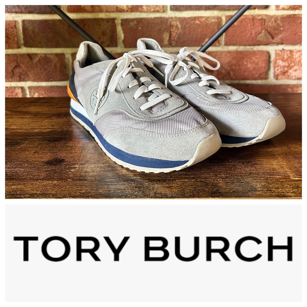 Tory Burch Womens Suede Mesh T-Logo Low Top Sneakers Grey Navy Orange